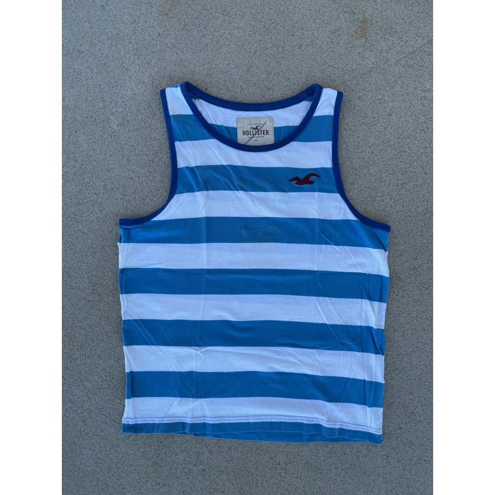 Hollister Striped Mens XL Tank Top - Blue/White Logo Sleeveless Beach Shirt